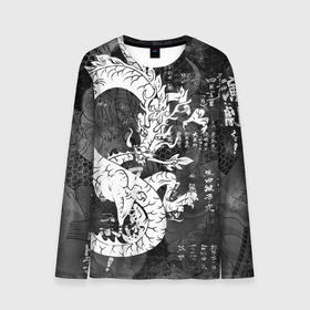 Мужской лонгслив 3D с принтом ЧБ Японский Дракон | Dragon (Иероглифы) в Курске, 100% полиэстер | длинные рукава, круглый вырез горловины, полуприлегающий силуэт | beast | dragon | fire | grunge | горелый | дракон | животные | зверь | змей | иероглифы | когти | огонь | пепел | пламя | потертости | узор | чб | японский