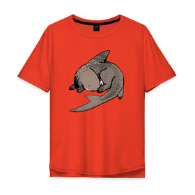 Мужская футболка хлопок Oversize с принтом Спящая акула в Тюмени, 100% хлопок | свободный крой, круглый ворот, “спинка” длиннее передней части | акулёнок | акуло собака | милаха | питомец | сон