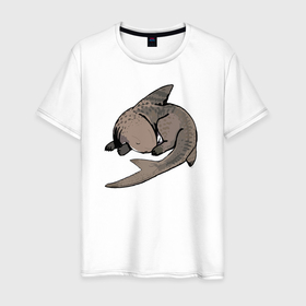 Мужская футболка хлопок с принтом Спящая акула в Тюмени, 100% хлопок | прямой крой, круглый вырез горловины, длина до линии бедер, слегка спущенное плечо. | акулёнок | акуло собака | милаха | питомец | сон