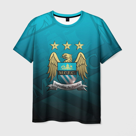Мужская футболка 3D с принтом Manchester City Teal Themme в Екатеринбурге, 100% полиэфир | прямой крой, круглый вырез горловины, длина до линии бедер | manchester city | англия | апл | гвардиола | зинченко | лига чемпионов | манчестер | манчестер сити | премьер лига | футбол