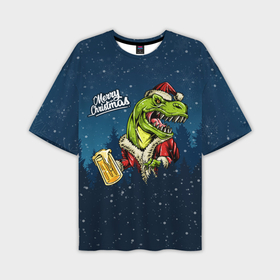 Мужская футболка OVERSIZE 3D с принтом Пивозавр Санта в Курске,  |  | Тематика изображения на принте: christmas | santa | дед мороз | динозавр | елка | зима | новый год | рождество | санта | снег | снежинка