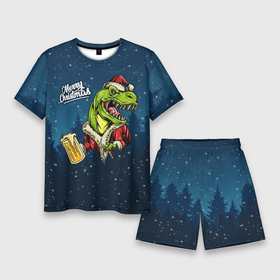 Мужской костюм с шортами 3D с принтом Пивозавр Санта ,  |  | Тематика изображения на принте: christmas | santa | дед мороз | динозавр | елка | зима | новый год | рождество | санта | снег | снежинка