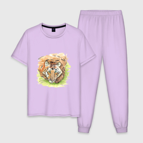 Мужская пижама хлопок с принтом Портрет тигра с зелёными глазами , 100% хлопок | брюки и футболка прямого кроя, без карманов, на брюках мягкая резинка на поясе и по низу штанин
 | 2022 | глаза | животное | зверь | китайский календарь | кошка | новый год | оранжевый | полоски | символ года | тигр | хищник