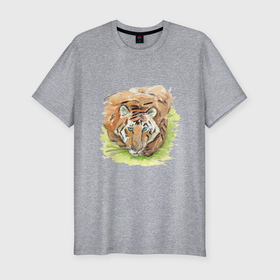 Мужская футболка хлопок Slim с принтом Портрет тигра с зелёными глазами в Санкт-Петербурге, 92% хлопок, 8% лайкра | приталенный силуэт, круглый вырез ворота, длина до линии бедра, короткий рукав | 2022 | глаза | животное | зверь | китайский календарь | кошка | новый год | оранжевый | полоски | символ года | тигр | хищник