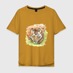 Мужская футболка хлопок Oversize с принтом Портрет тигра с зелёными глазами , 100% хлопок | свободный крой, круглый ворот, “спинка” длиннее передней части | Тематика изображения на принте: 2022 | глаза | животное | зверь | китайский календарь | кошка | новый год | оранжевый | полоски | символ года | тигр | хищник