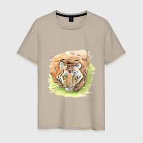 Мужская футболка хлопок с принтом Портрет тигра с зелёными глазами , 100% хлопок | прямой крой, круглый вырез горловины, длина до линии бедер, слегка спущенное плечо. | 2022 | глаза | животное | зверь | китайский календарь | кошка | новый год | оранжевый | полоски | символ года | тигр | хищник
