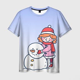 Мужская футболка 3D с принтом Девочка лепит снеговика в Новосибирске, 100% полиэфир | прямой крой, круглый вырез горловины, длина до линии бедер | 2022 | девочка | зима | зимние забавы | милота | рисунок | снег | снеговик | снежок | холод