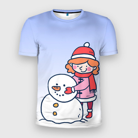 Мужская футболка 3D спортивная с принтом Девочка лепит снеговика в Тюмени, 100% полиэстер с улучшенными характеристиками | приталенный силуэт, круглая горловина, широкие плечи, сужается к линии бедра | 2022 | девочка | зима | зимние забавы | милота | рисунок | снег | снеговик | снежок | холод