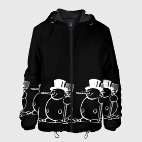 Мужская куртка 3D с принтом Снеговик на черном фоне в Петрозаводске, ткань верха — 100% полиэстер, подклад — флис | прямой крой, подол и капюшон оформлены резинкой с фиксаторами, два кармана без застежек по бокам, один большой потайной карман на груди. Карман на груди застегивается на липучку | Тематика изображения на принте: snowman | зима | минимализм | новый год | снеговик
