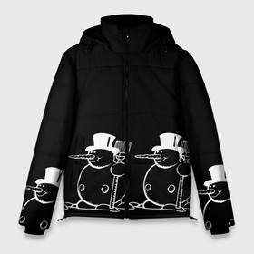 Мужская зимняя куртка 3D с принтом Снеговик на черном фоне в Санкт-Петербурге, верх — 100% полиэстер; подкладка — 100% полиэстер; утеплитель — 100% полиэстер | длина ниже бедра, свободный силуэт Оверсайз. Есть воротник-стойка, отстегивающийся капюшон и ветрозащитная планка. 

Боковые карманы с листочкой на кнопках и внутренний карман на молнии. | Тематика изображения на принте: snowman | зима | минимализм | новый год | снеговик