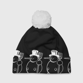 Шапка 3D c помпоном с принтом Снеговик на черном фоне в Петрозаводске, 100% полиэстер | универсальный размер, печать по всей поверхности изделия | snowman | зима | минимализм | новый год | снеговик