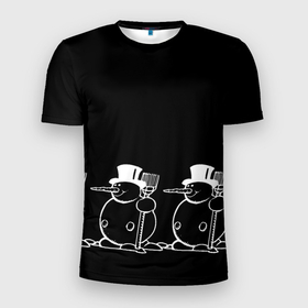 Мужская футболка 3D спортивная с принтом Снеговик на черном фоне в Тюмени, 100% полиэстер с улучшенными характеристиками | приталенный силуэт, круглая горловина, широкие плечи, сужается к линии бедра | snowman | зима | минимализм | новый год | снеговик