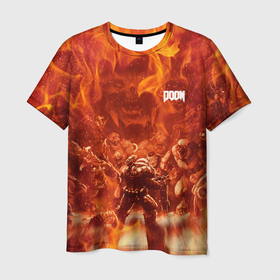 Мужская футболка 3D с принтом Hell Monster vs Doom в Новосибирске, 100% полиэфир | прямой крой, круглый вырез горловины, длина до линии бедер | demons | devil | doom | doom eternal | doom slayer | doomguy | hell | slayer | ад | демон | демоны | дум | дум гай | думгай | солдат рока