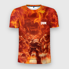 Мужская футболка 3D Slim с принтом Hell Monster vs Doom в Тюмени, 100% полиэстер с улучшенными характеристиками | приталенный силуэт, круглая горловина, широкие плечи, сужается к линии бедра | demons | devil | doom | doom eternal | doom slayer | doomguy | hell | slayer | ад | демон | демоны | дум | дум гай | думгай | солдат рока