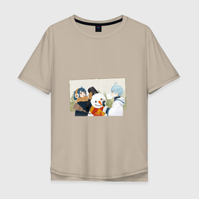 Мужская футболка хлопок Oversize с принтом Зимняя радость в Тюмени, 100% хлопок | свободный крой, круглый ворот, “спинка” длиннее передней части | арт | зима | ли юэ | рисунок | син цю | снег | снеговик | чугун | чун юй