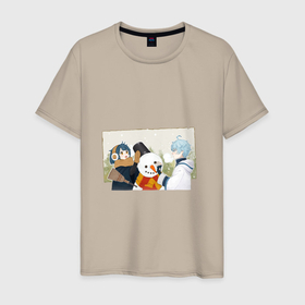 Мужская футболка хлопок с принтом Зимняя радость в Тюмени, 100% хлопок | прямой крой, круглый вырез горловины, длина до линии бедер, слегка спущенное плечо. | арт | зима | ли юэ | рисунок | син цю | снег | снеговик | чугун | чун юй