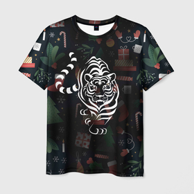 Мужская футболка 3D с принтом Новый год 2022 (тигр) в Петрозаводске, 100% полиэфир | прямой крой, круглый вырез горловины, длина до линии бедер | 2022 | зима | новый год | символ года | снег | тигр