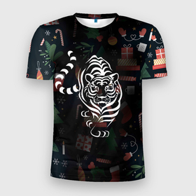 Мужская футболка 3D спортивная с принтом Новый год 2022 (тигр) , 100% полиэстер с улучшенными характеристиками | приталенный силуэт, круглая горловина, широкие плечи, сужается к линии бедра | 2022 | зима | новый год | символ года | снег | тигр