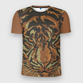 Мужская футболка 3D Slim с принтом Морда тигра на весь экран в Екатеринбурге, 100% полиэстер с улучшенными характеристиками | приталенный силуэт, круглая горловина, широкие плечи, сужается к линии бедра | большая кошка | год тигра | животное | полосы | тигр | хищник