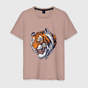 Мужская футболка хлопок с принтом Голова саблезубого тигра , 100% хлопок | прямой крой, круглый вырез горловины, длина до линии бедер, слегка спущенное плечо. | tiger | восточный тигр | год тигра | голова | кошка | саблезубый | тигр | тигренок | хищник