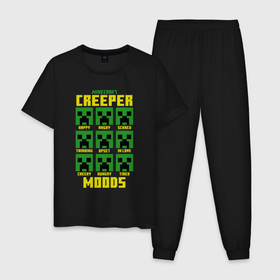 Мужская пижама хлопок с принтом MINECRAFT CREEPER MOODS в Санкт-Петербурге, 100% хлопок | брюки и футболка прямого кроя, без карманов, на брюках мягкая резинка на поясе и по низу штанин
 | creeper | creper | dungeons | earth | game | minecraft | minecraft earth | moods | блоки | грифер | игры | квадраты | компьютерная игра | крафт | крипер | маинкрафт | майн | майнкравт | майнкрафт
