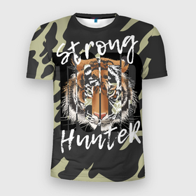 Мужская футболка 3D Slim с принтом Strong tiger в Кировске, 100% полиэстер с улучшенными характеристиками | приталенный силуэт, круглая горловина, широкие плечи, сужается к линии бедра | tiger | большая кошка | пятна | тигр | хищник