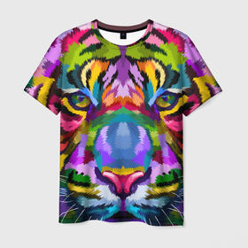 Мужская футболка 3D с принтом Морда тигра крупным планом в Петрозаводске, 100% полиэфир | прямой крой, круглый вырез горловины, длина до линии бедер | абстракция | голова тигра | мозаика | тигр | хищник | яркое