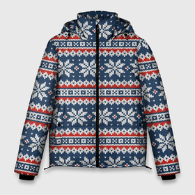 Мужская зимняя куртка 3D с принтом Knitted Christmas Pattern в Белгороде, верх — 100% полиэстер; подкладка — 100% полиэстер; утеплитель — 100% полиэстер | длина ниже бедра, свободный силуэт Оверсайз. Есть воротник-стойка, отстегивающийся капюшон и ветрозащитная планка. 

Боковые карманы с листочкой на кнопках и внутренний карман на молнии. | christmas | holiday | knitted pattern | new year | pattern | snowflakes | texture | вязаный узор | новый год | праздник | рождество | снежинки | текстура | узор