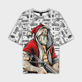 Мужская футболка OVERSIZE 3D с принтом Santa Gangster   Санта Гангстер в Белгороде,  |  | Тематика изображения на принте: бита | гангстер | дед мороз | кастет | новый год | нож | оружие | пистолет | рождество | санта | снежинка