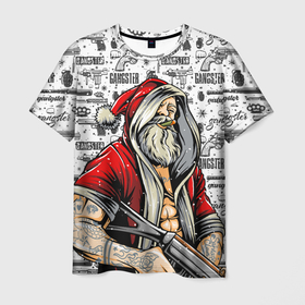 Мужская футболка 3D с принтом Santa Gangster   Санта Гангстер , 100% полиэфир | прямой крой, круглый вырез горловины, длина до линии бедер | бита | гангстер | дед мороз | кастет | новый год | нож | оружие | пистолет | рождество | санта | снежинка
