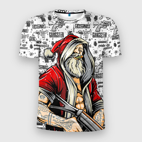 Мужская футболка 3D спортивная с принтом Santa Gangster   Санта Гангстер в Тюмени, 100% полиэстер с улучшенными характеристиками | приталенный силуэт, круглая горловина, широкие плечи, сужается к линии бедра | бита | гангстер | дед мороз | кастет | новый год | нож | оружие | пистолет | рождество | санта | снежинка