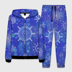 Мужской костюм 3D с принтом Белые простые снежинки на синем фоне в Тюмени, 100% полиэстер | Манжеты и пояс оформлены тканевой резинкой, двухслойный капюшон со шнурком для регулировки, карманы спереди | белые снежинки | зимний | зимний паттерн | новогодний | паттерн со снежинками | светящееся снежинки | синий фон | снегопад | снегопад на синем фоне | снежинки | снежинки карандашом
