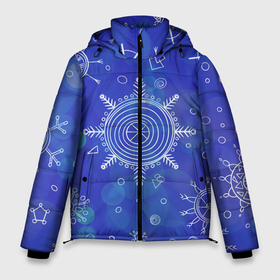 Мужская зимняя куртка 3D с принтом Белые простые снежинки на синем фоне в Екатеринбурге, верх — 100% полиэстер; подкладка — 100% полиэстер; утеплитель — 100% полиэстер | длина ниже бедра, свободный силуэт Оверсайз. Есть воротник-стойка, отстегивающийся капюшон и ветрозащитная планка. 

Боковые карманы с листочкой на кнопках и внутренний карман на молнии. | белые снежинки | зимний | зимний паттерн | новогодний | паттерн со снежинками | светящееся снежинки | синий фон | снегопад | снегопад на синем фоне | снежинки | снежинки карандашом