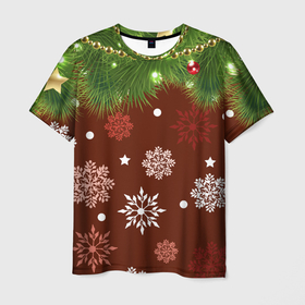 Мужская футболка 3D с принтом Зимнее Настроение (Елка) в Курске, 100% полиэфир | прямой крой, круглый вырез горловины, длина до линии бедер | 2022 | елка | зимнее настроение | новогоднее настроение | новый год 2022 | снежинки