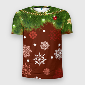 Мужская футболка 3D спортивная с принтом Зимнее Настроение (Елка) в Санкт-Петербурге, 100% полиэстер с улучшенными характеристиками | приталенный силуэт, круглая горловина, широкие плечи, сужается к линии бедра | Тематика изображения на принте: 2022 | елка | зимнее настроение | новогоднее настроение | новый год 2022 | снежинки