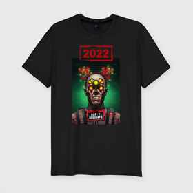 Мужская футболка хлопок Slim с принтом Cyberpunk 2022 Heppy New Year в Кировске, 92% хлопок, 8% лайкра | приталенный силуэт, круглый вырез ворота, длина до линии бедра, короткий рукав | 2022 | cyberpunk | cyberpunk 2077 | new year | зима | новый год 2022 | праздник