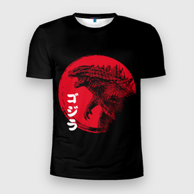 Мужская футболка 3D Slim с принтом ГОДЗИЛА, ИЕРОГЛИФЫ в Санкт-Петербурге, 100% полиэстер с улучшенными характеристиками | приталенный силуэт, круглая горловина, широкие плечи, сужается к линии бедра | comic con | godzilla | gojira | japan | logo | годзилла | знаки | иероглифы | лого | монстр | фильм | чудовище | япония