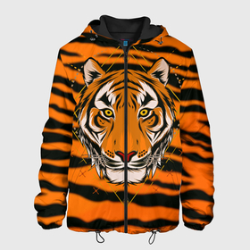Мужская куртка 3D с принтом Тигр настоящий хищник в Новосибирске, ткань верха — 100% полиэстер, подклад — флис | прямой крой, подол и капюшон оформлены резинкой с фиксаторами, два кармана без застежек по бокам, один большой потайной карман на груди. Карман на груди застегивается на липучку | tiger | восточный тигр | год тигра | кошка | тигр | тигренок | хищник