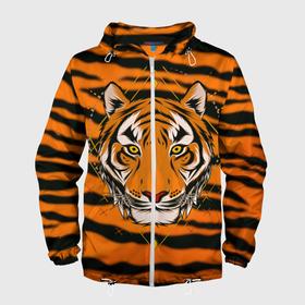 Мужская ветровка 3D с принтом Тигр настоящий хищник в Санкт-Петербурге, 100% полиэстер | подол и капюшон оформлены резинкой с фиксаторами, два кармана без застежек по бокам, один потайной карман на груди | Тематика изображения на принте: tiger | восточный тигр | год тигра | кошка | тигр | тигренок | хищник