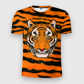 Мужская футболка 3D Slim с принтом Тигр настоящий хищник в Санкт-Петербурге, 100% полиэстер с улучшенными характеристиками | приталенный силуэт, круглая горловина, широкие плечи, сужается к линии бедра | Тематика изображения на принте: tiger | восточный тигр | год тигра | кошка | тигр | тигренок | хищник