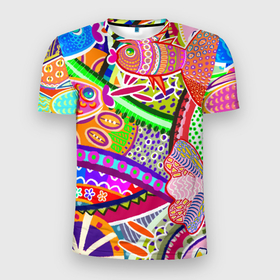 Мужская футболка 3D Slim с принтом Разноцветные яркие рыбки на абстрактном цветном фоне в Екатеринбурге, 100% полиэстер с улучшенными характеристиками | приталенный силуэт, круглая горловина, широкие плечи, сужается к линии бедра | абстрактный паттерн | абстрактный фон | абстракция | аквариум | буйство красок в океане | египетские рыбки | знак зодиака рыбы | красное море | мировой океан | паттерн из рыб | разноцветные рыбы