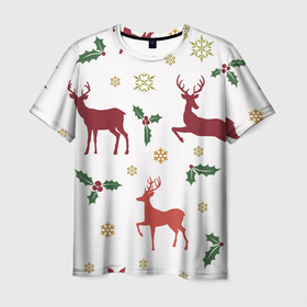 Мужская футболка 3D с принтом Новогодние Олени (Снежинки) в Санкт-Петербурге, 100% полиэфир | прямой крой, круглый вырез горловины, длина до линии бедер | животное | новогоднее настроение | новогодние олени | новый год | олени | снежинки