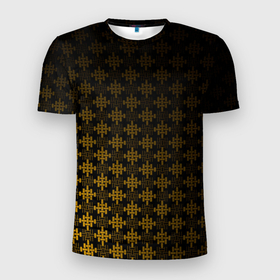Мужская футболка 3D Slim с принтом Золотой гобелен в Белгороде, 100% полиэстер с улучшенными характеристиками | приталенный силуэт, круглая горловина, широкие плечи, сужается к линии бедра | гобелен | золотой | свет | темнота | узор