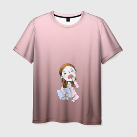 Мужская футболка 3D с принтом Сонная зевающая девочка в Тюмени, 100% полиэфир | прямой крой, круглый вырез горловины, длина до линии бедер | внутренний ребенок | девочка | зев | зевать | зевающая | зима | отдых | пижама | подушечка | сон | сонная | спячка | усталость