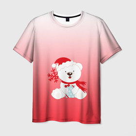 Мужская футболка 3D с принтом Белый мишка с подарком в Белгороде, 100% полиэфир | прямой крой, круглый вырез горловины, длина до линии бедер | Тематика изображения на принте: белый мишка | градиент | зима | коробочка | медведь | милота | нейтральный | новый год | подарок | полярный мишка | рисунок | снежинка | сюрприз | шапочка