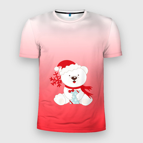 Мужская футболка 3D спортивная с принтом Белый мишка с подарком , 100% полиэстер с улучшенными характеристиками | приталенный силуэт, круглая горловина, широкие плечи, сужается к линии бедра | белый мишка | градиент | зима | коробочка | медведь | милота | нейтральный | новый год | подарок | полярный мишка | рисунок | снежинка | сюрприз | шапочка