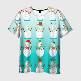 Мужская футболка 3D с принтом Веселые снеговички узор в Тюмени, 100% полиэфир | прямой крой, круглый вырез горловины, длина до линии бедер | Тематика изображения на принте: 2022 | веселье | градиент | зима | новый год | праздники | снег | снеговики | снеговички | традиции | узор | узорчик