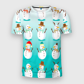 Мужская футболка 3D спортивная с принтом Веселые снеговички узор в Тюмени, 100% полиэстер с улучшенными характеристиками | приталенный силуэт, круглая горловина, широкие плечи, сужается к линии бедра | Тематика изображения на принте: 2022 | веселье | градиент | зима | новый год | праздники | снег | снеговики | снеговички | традиции | узор | узорчик