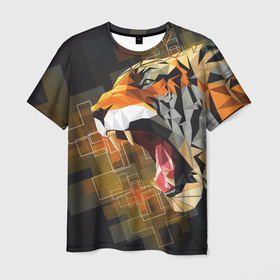 Мужская футболка 3D с принтом Тигр в гневе , 100% полиэфир | прямой крой, круглый вырез горловины, длина до линии бедер | 2022 | гнев | год тигра | кресты | мозаика | настроение | тигр | хищник