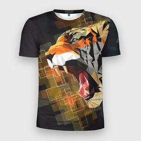 Мужская футболка 3D Slim с принтом Тигр в гневе , 100% полиэстер с улучшенными характеристиками | приталенный силуэт, круглая горловина, широкие плечи, сужается к линии бедра | 2022 | гнев | год тигра | кресты | мозаика | настроение | тигр | хищник